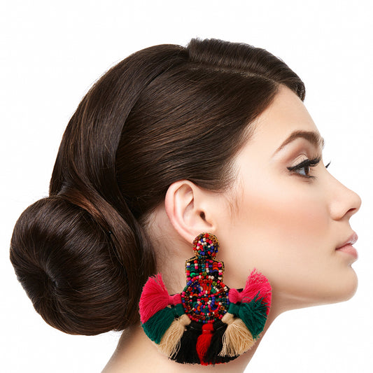 Multi Color Bead and Knot Tassel Earrings