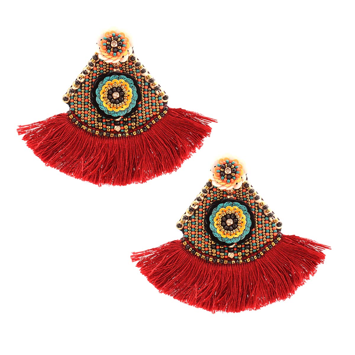 Floral Bead Burgundy Tassel Earrings