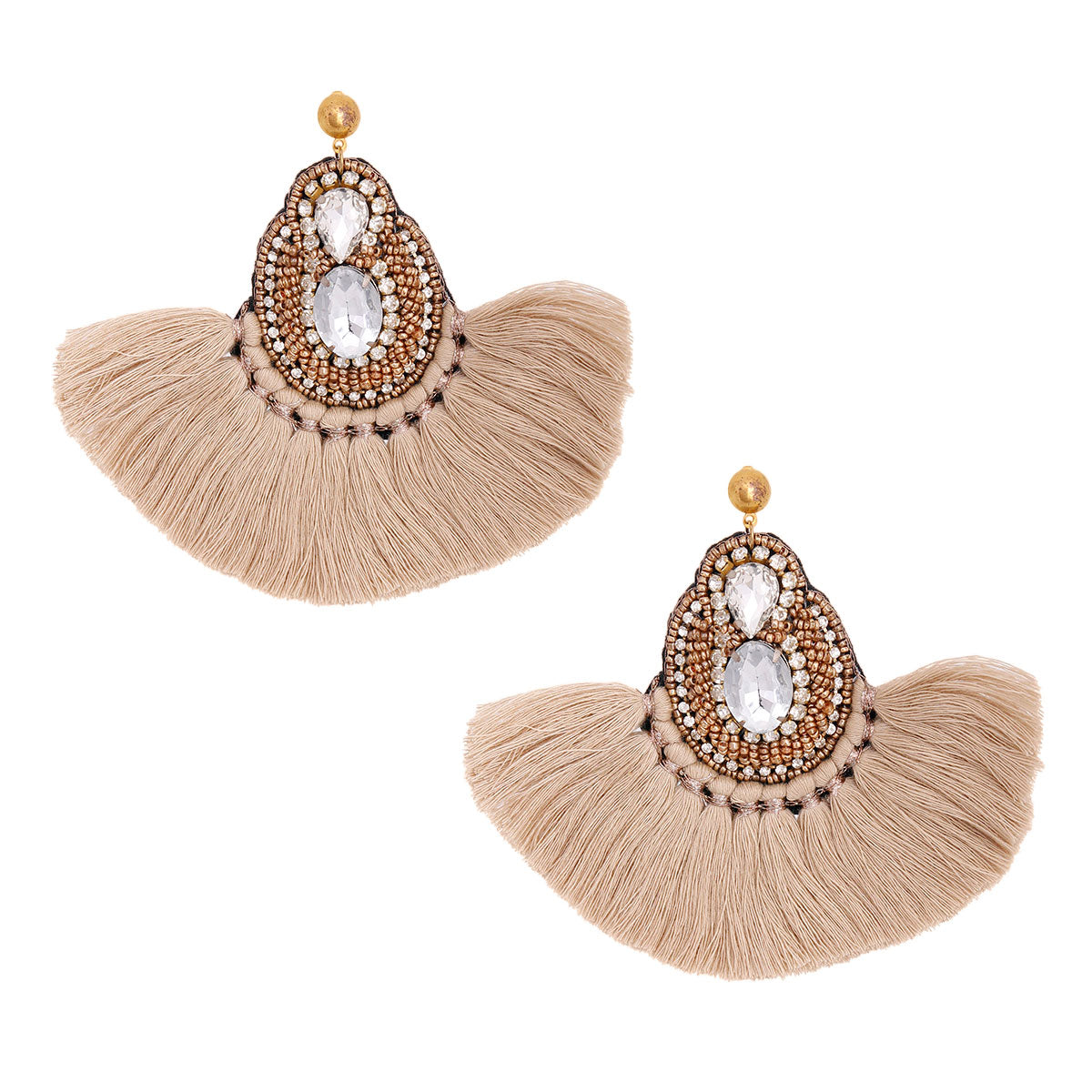 Large Beaded Gold Fan Tassel Earrings