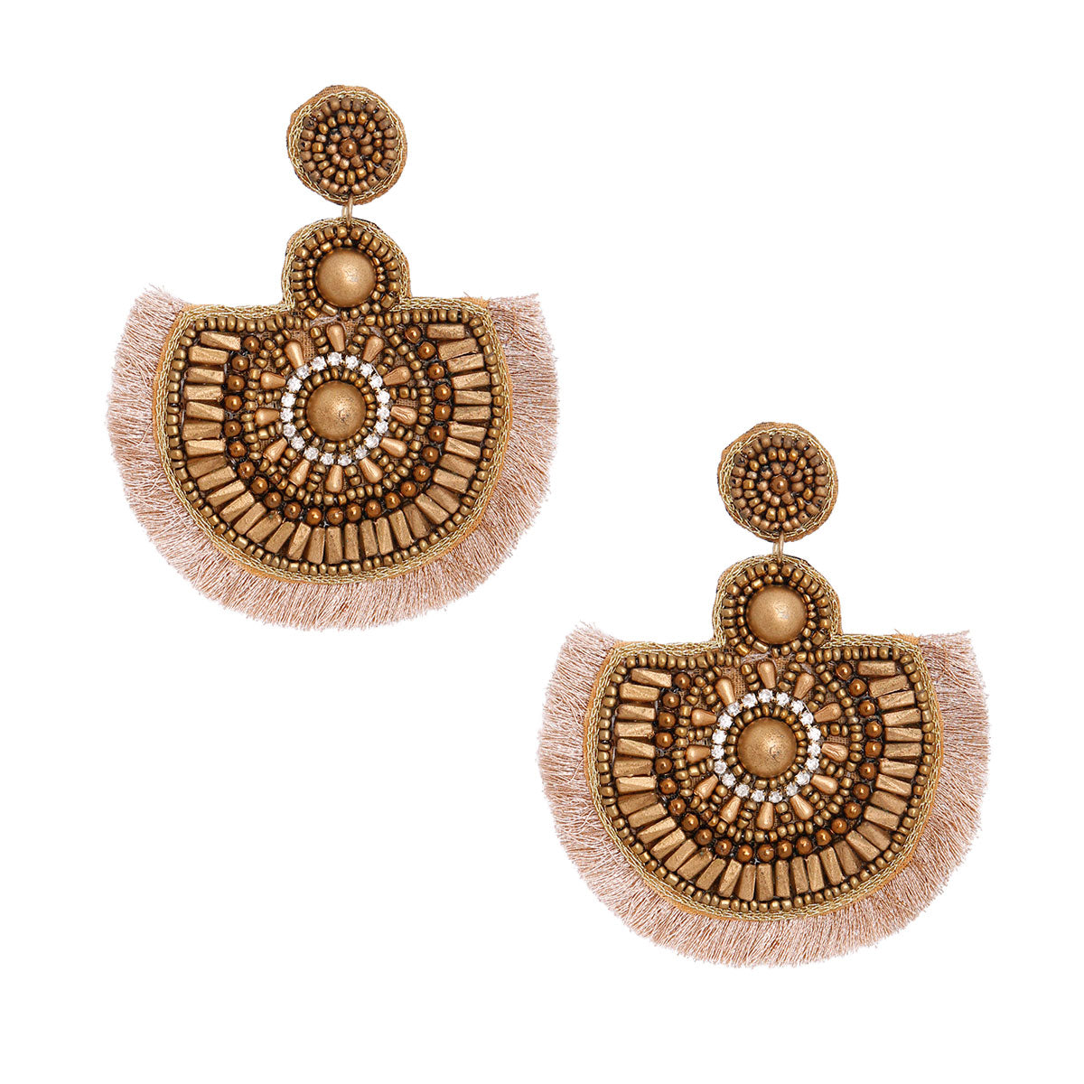 Embroidered Gold Bead Tassel Earrings