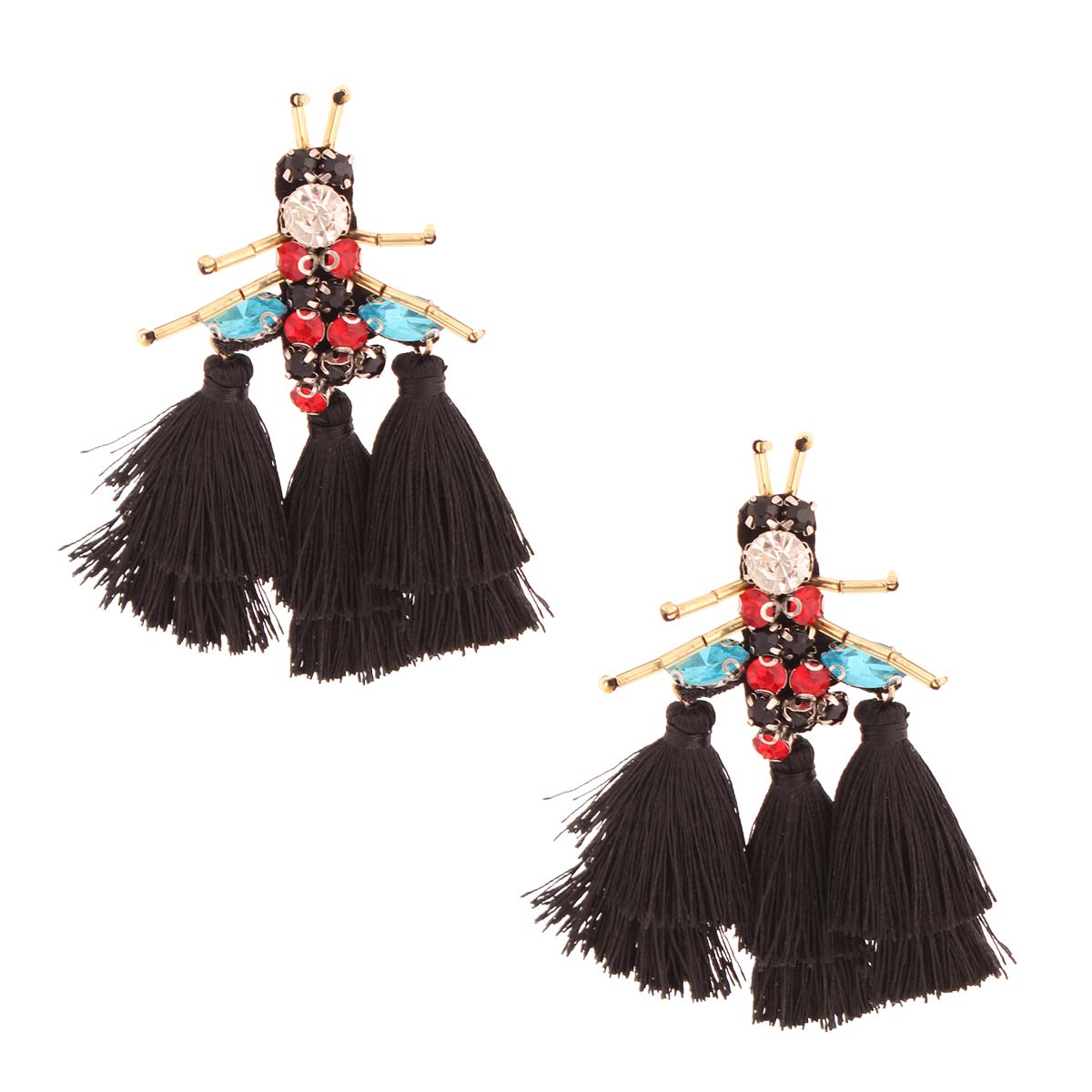 Rhinestone and Tassel Black Bee Earrings