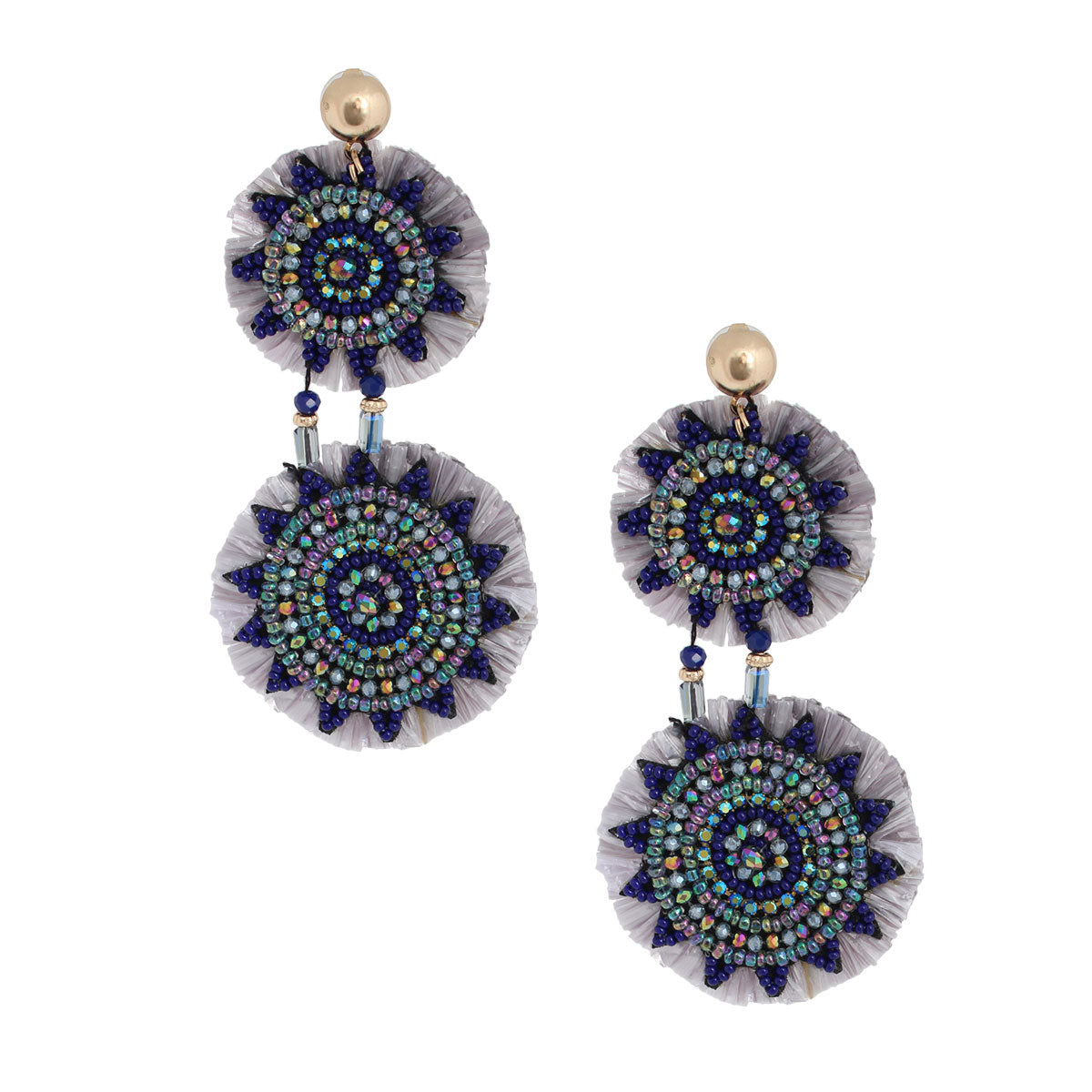 Blue Bead Raffia Circle Earrings