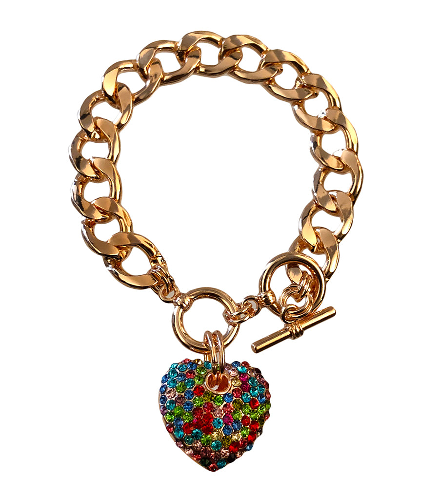 Multi Color Rhinestone Heart Toggle Bracelet