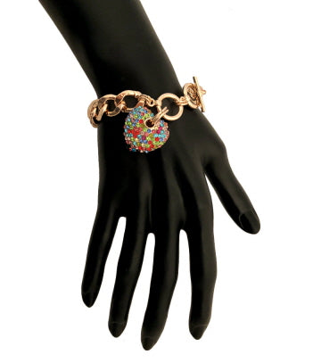 Multi Color Rhinestone Heart Toggle Bracelet