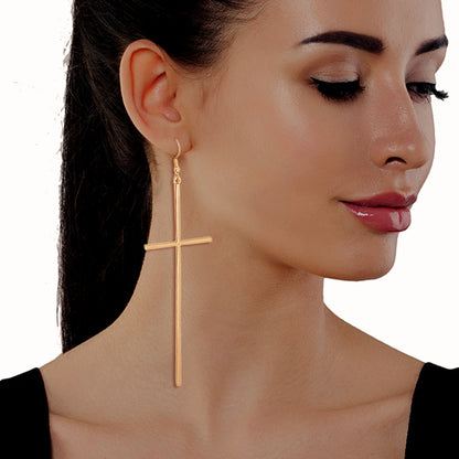 Long Gold Cross Fish Hook Earrings