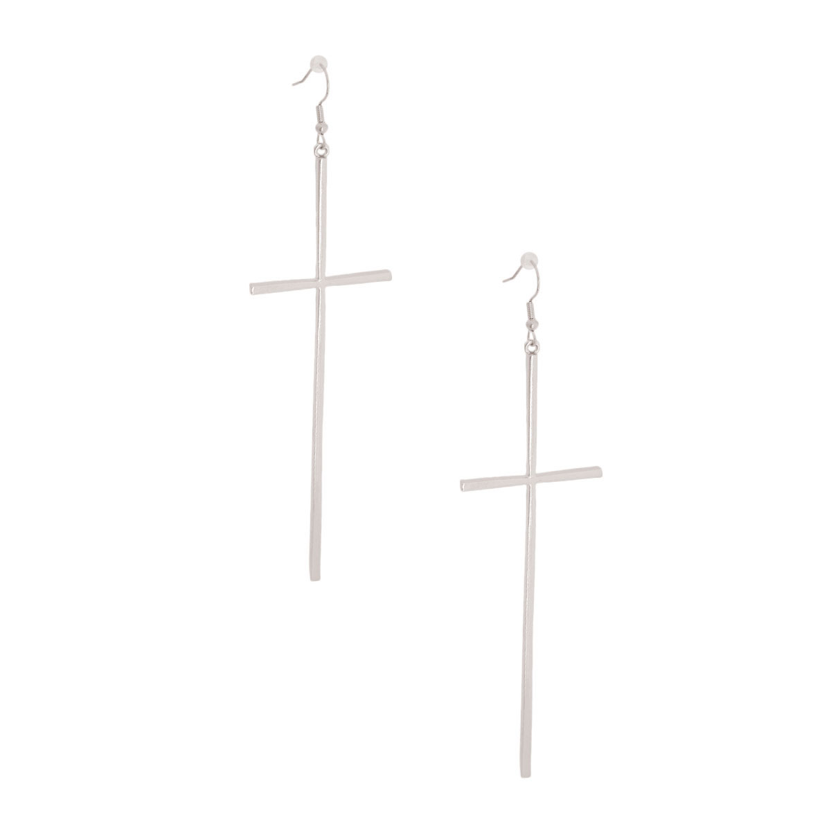 Long Silver Cross Fish Hook Earrings