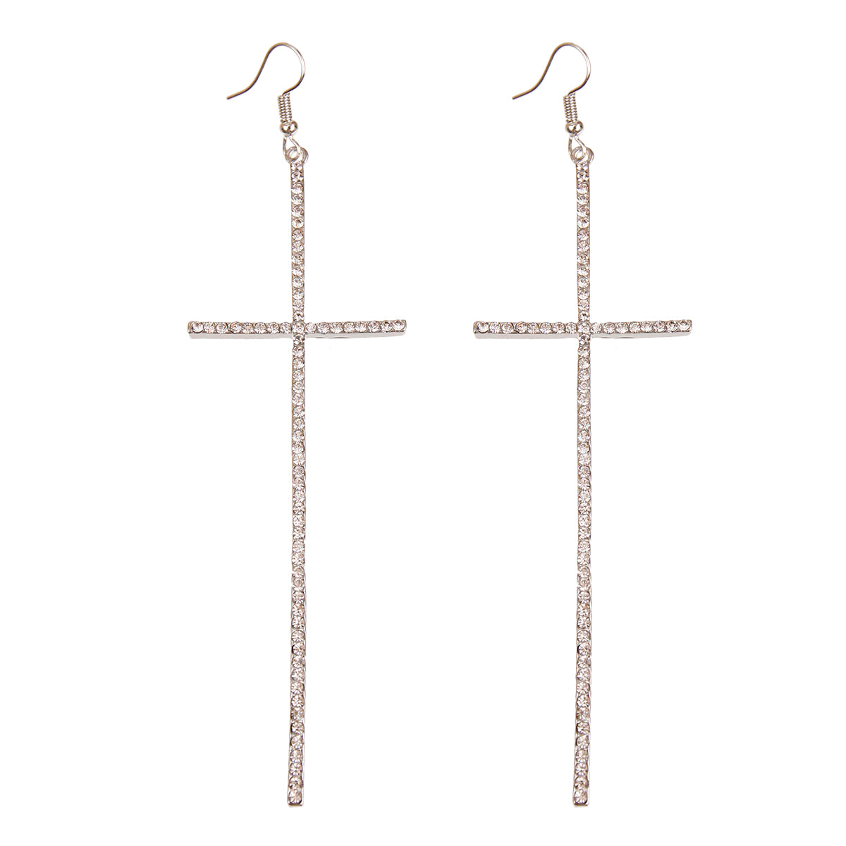 Pave Rhinestone Silver Cross Drop Earrings