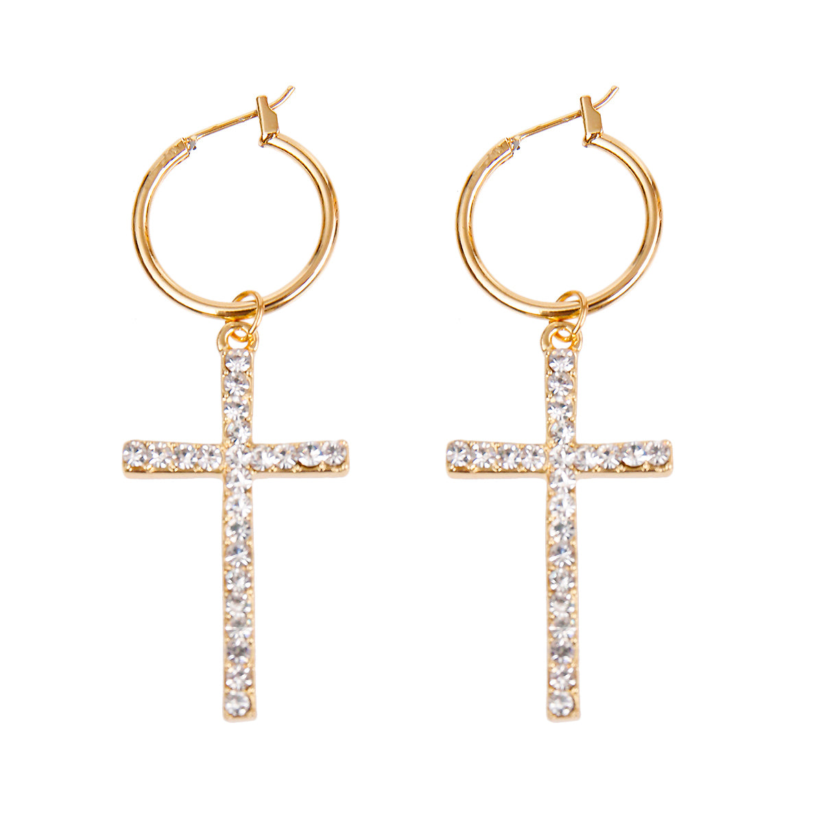 Gold Pave Rhinestone Cross Baby Hoop Earrings