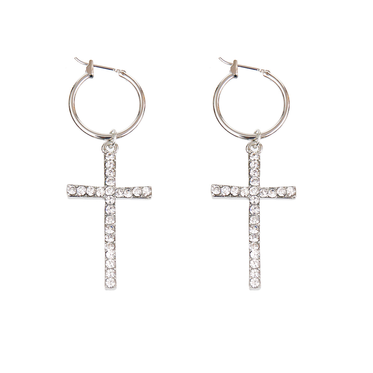 Silver Pave Rhinestone Cross Baby Hoop Earrings