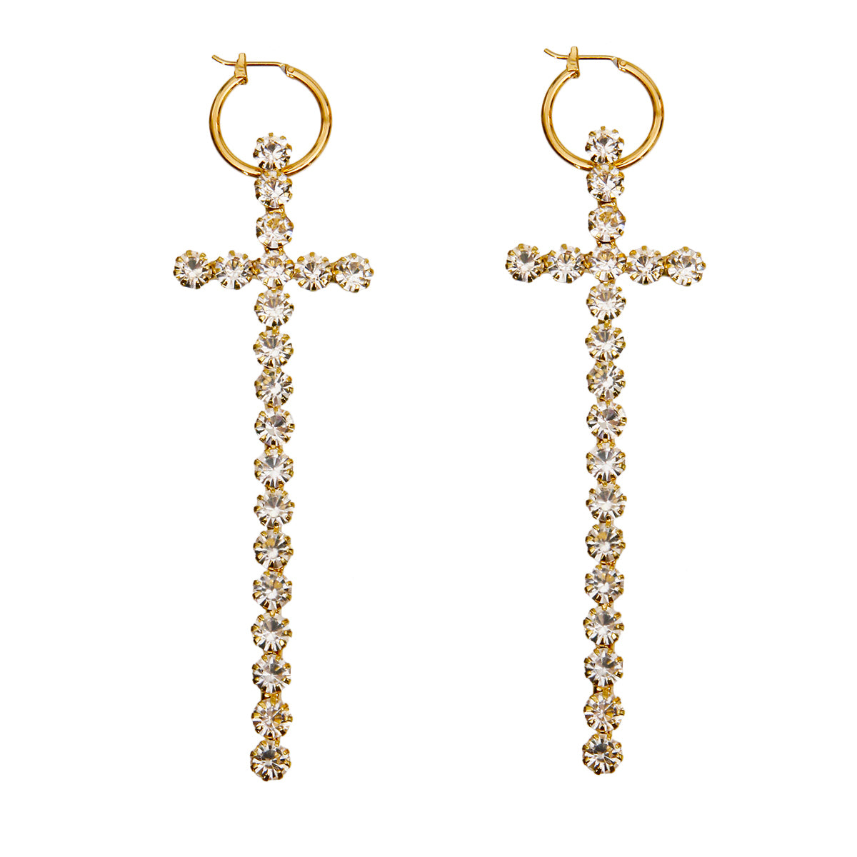 Gold Baby Hoop Earrings with Long Rhinestone Cross