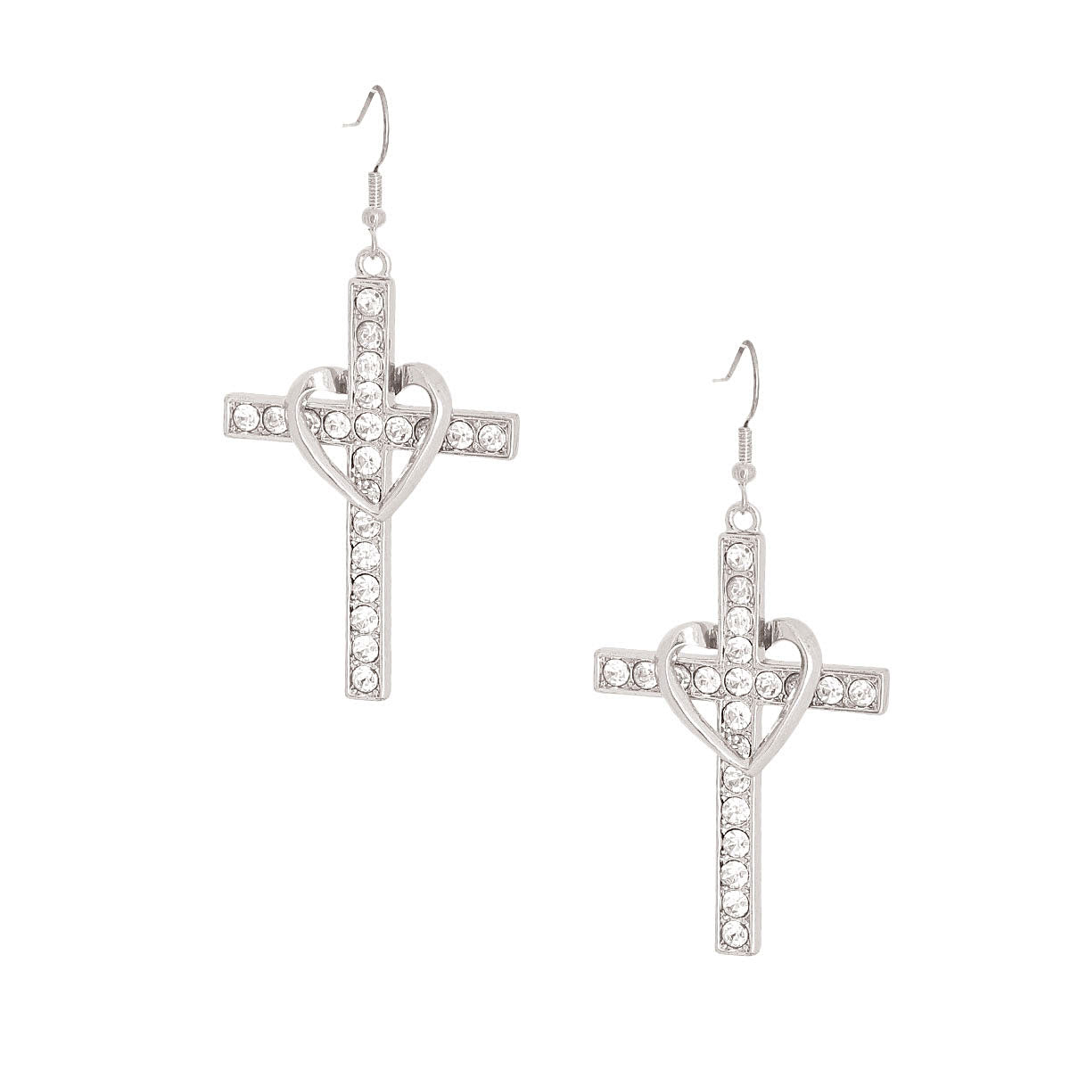 Silver Heart Cross Fish Hook Earrings