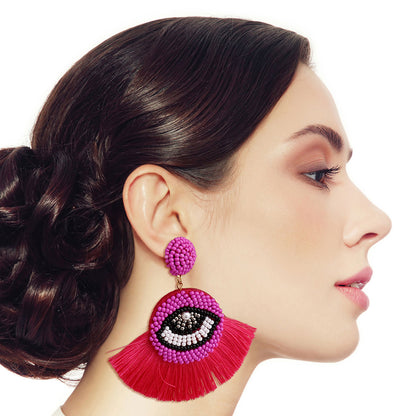 Fuchsia Beaded Eye Tassel Earrings