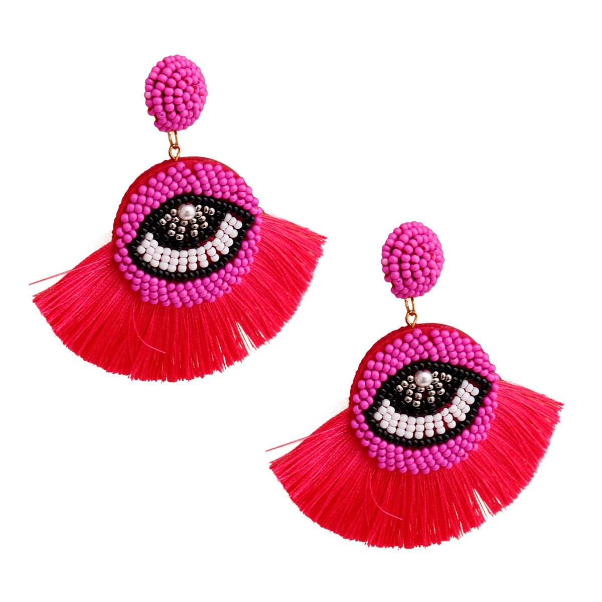 Fuchsia Beaded Eye Tassel Earrings