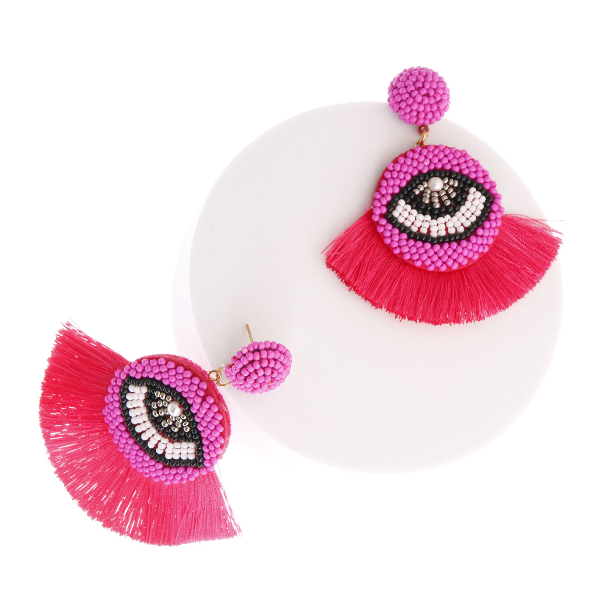 Fuchsia Beaded Eye Tassel Earrings