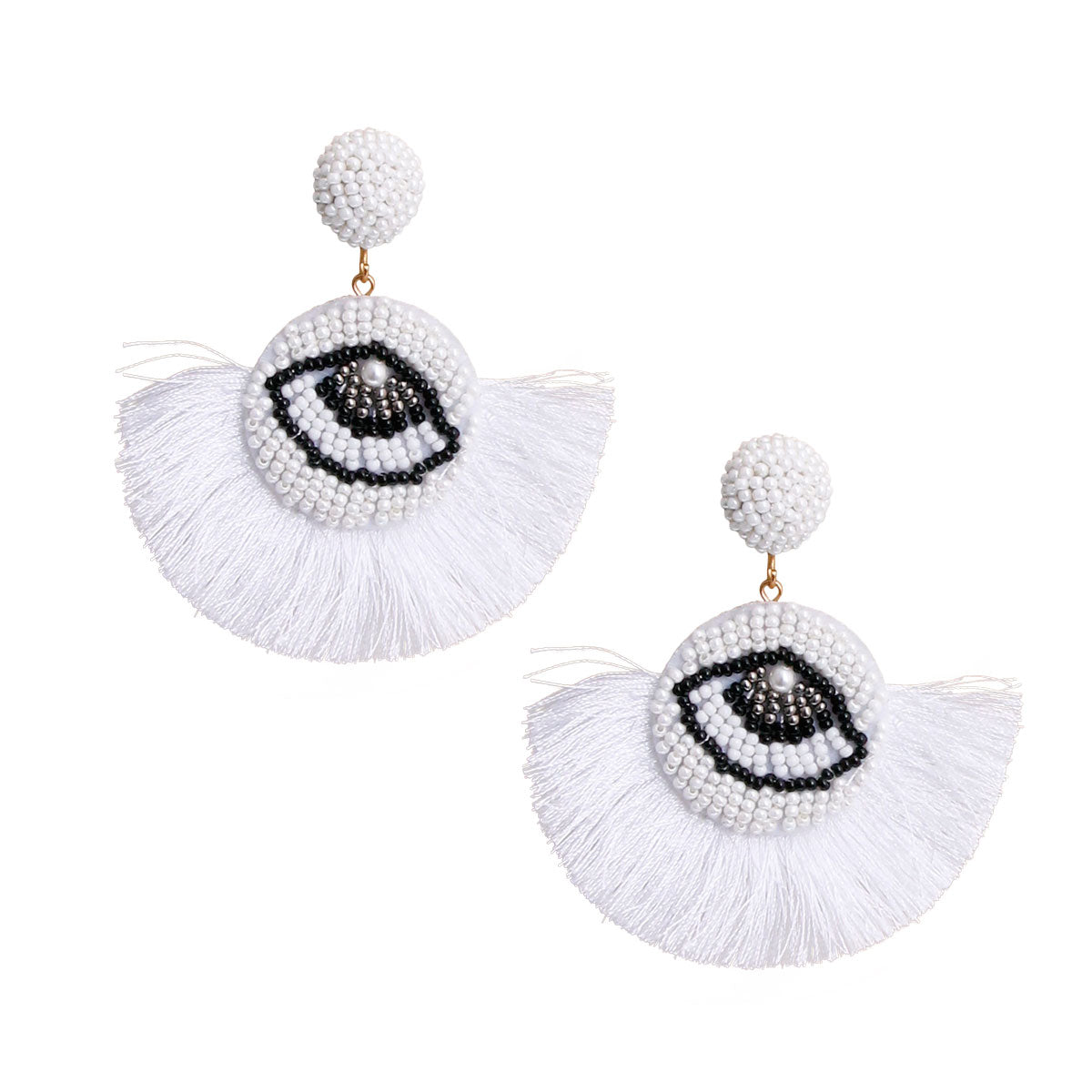 White Beaded Eye Tassel Earrings