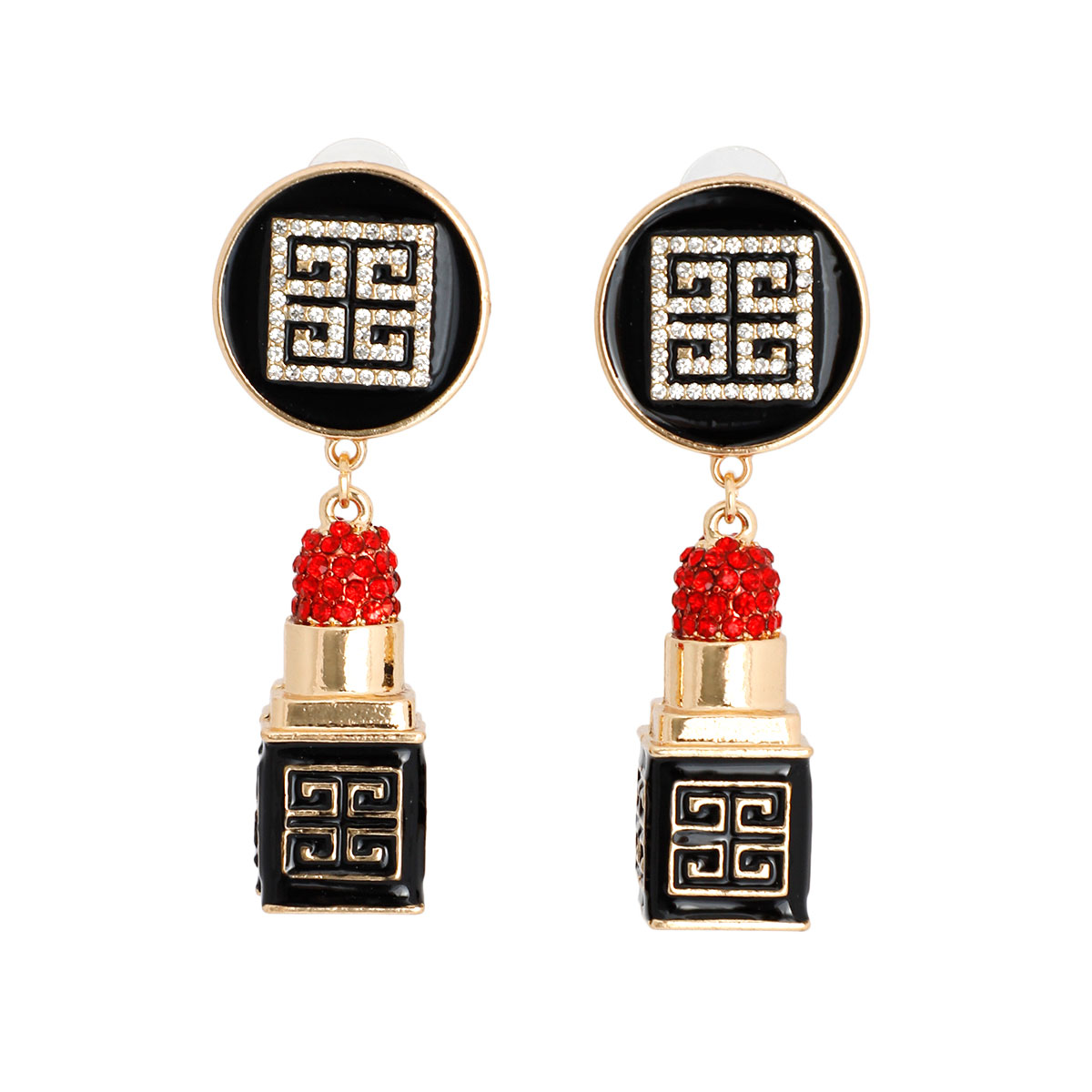 Gold Greek Key 3D Lipstick Charm Earrings