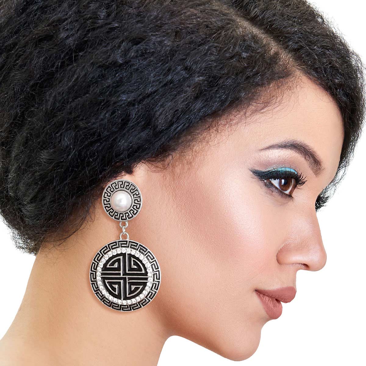 Silver Black Round Greek Key Charm Earrings