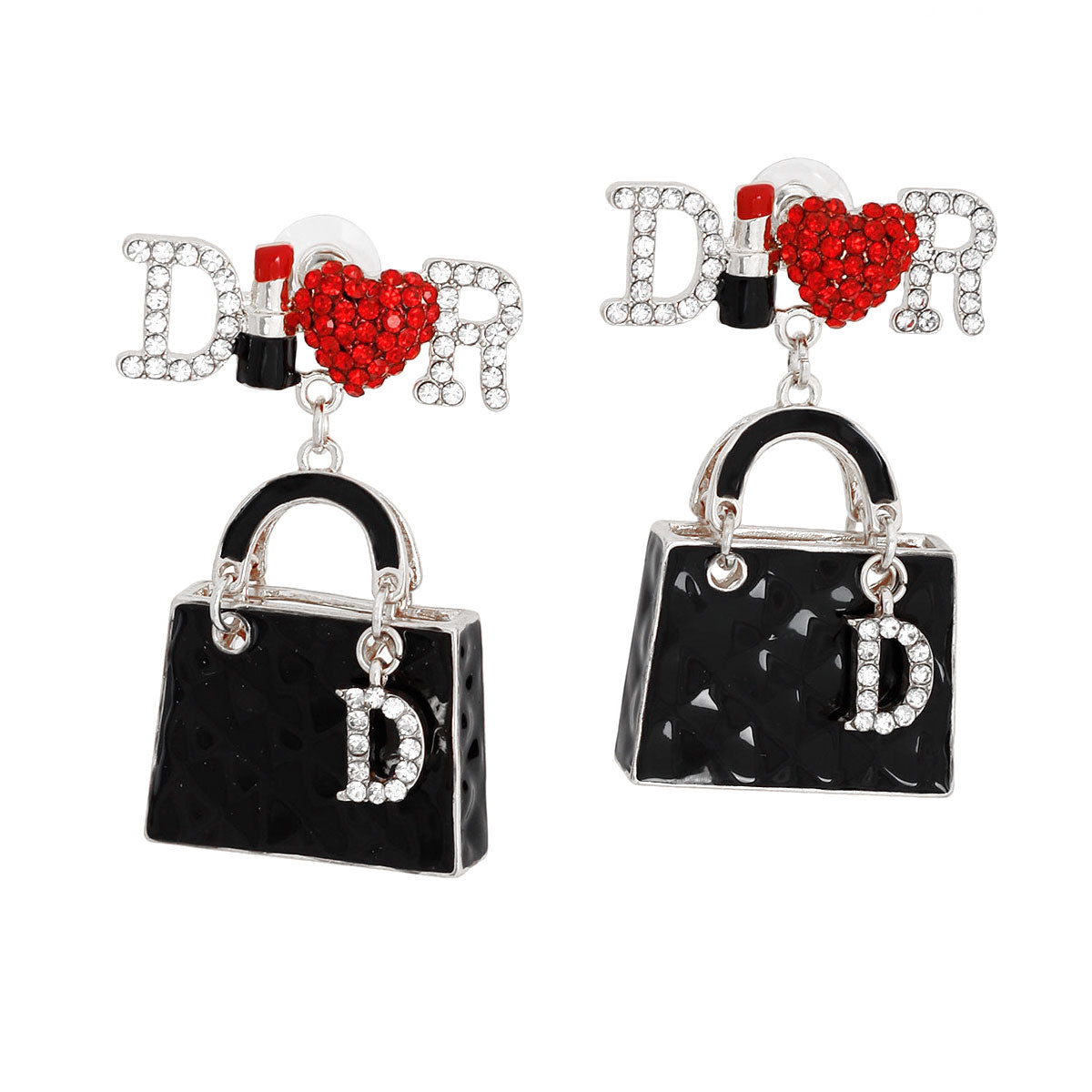 Black Silver Designer Handbag Charm Earrings