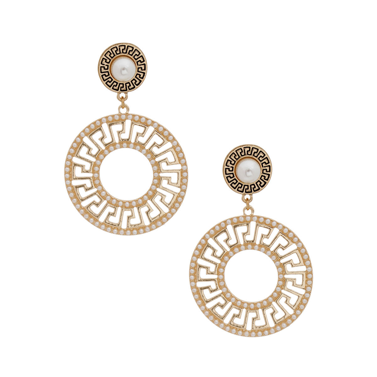 Gold Pearl Round Greek Key Earrings