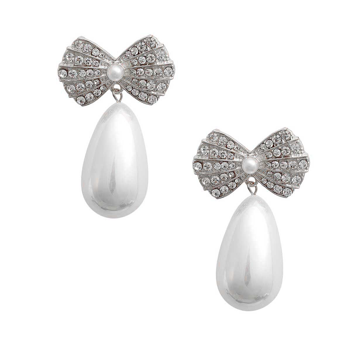 Silver Bow Pearl Teardrop Earrings