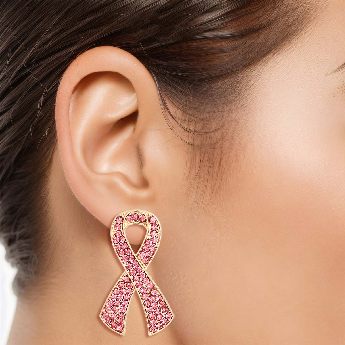 Gold Pink Ribbon Stud Earrings