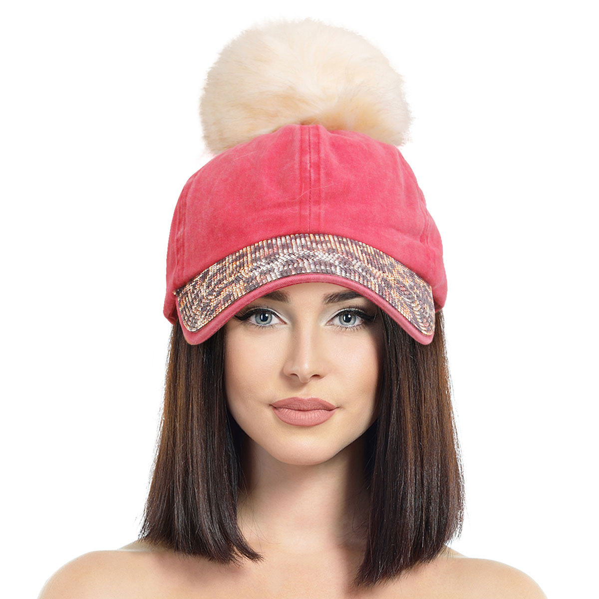 Burgundy Leopard Rhinestone Pom Cap