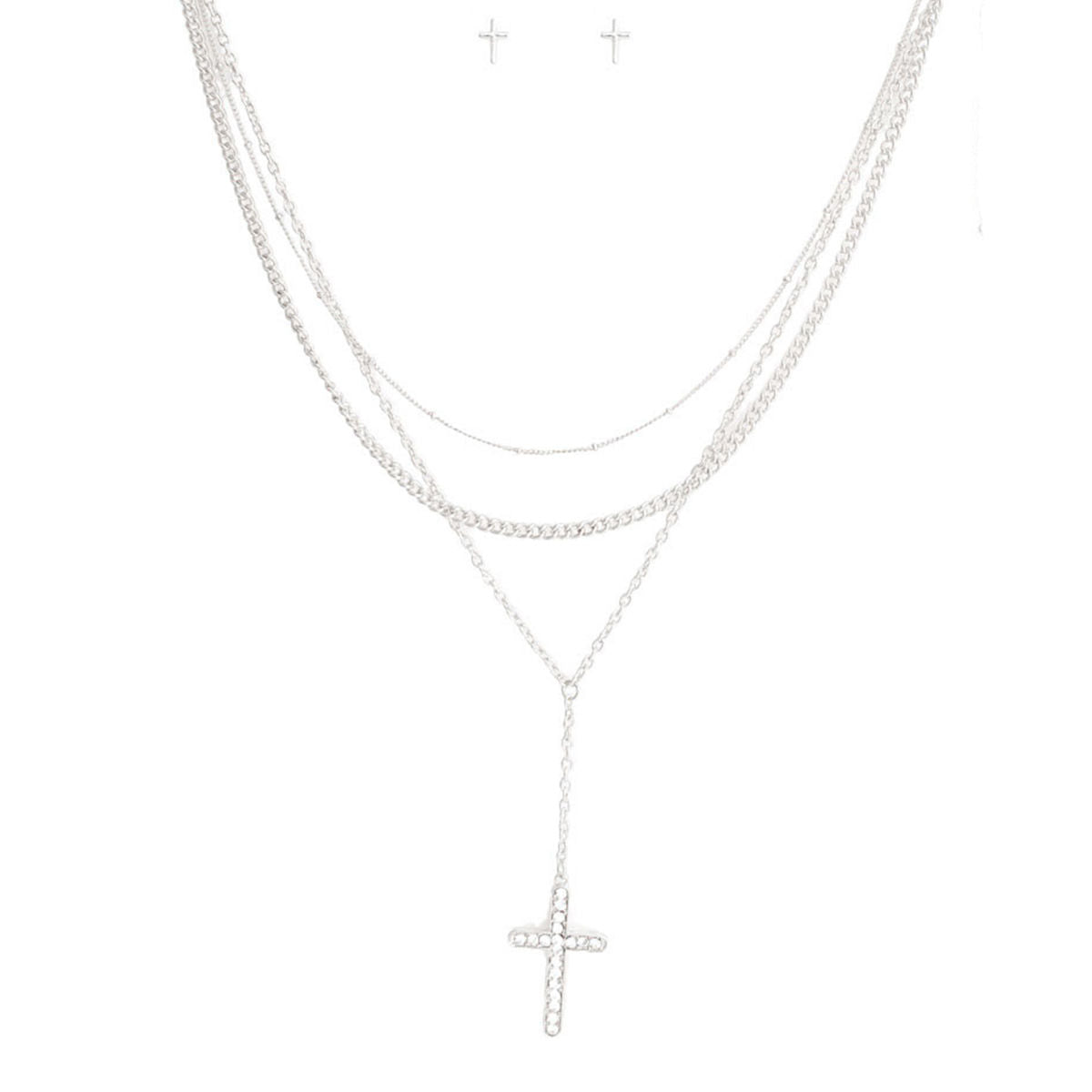 Silver Triple Chain Cross Set