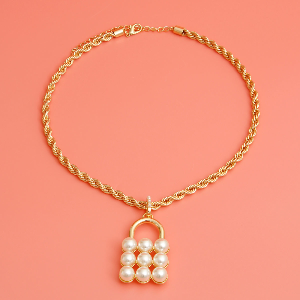 Cream Pearl Studded Lock Necklace