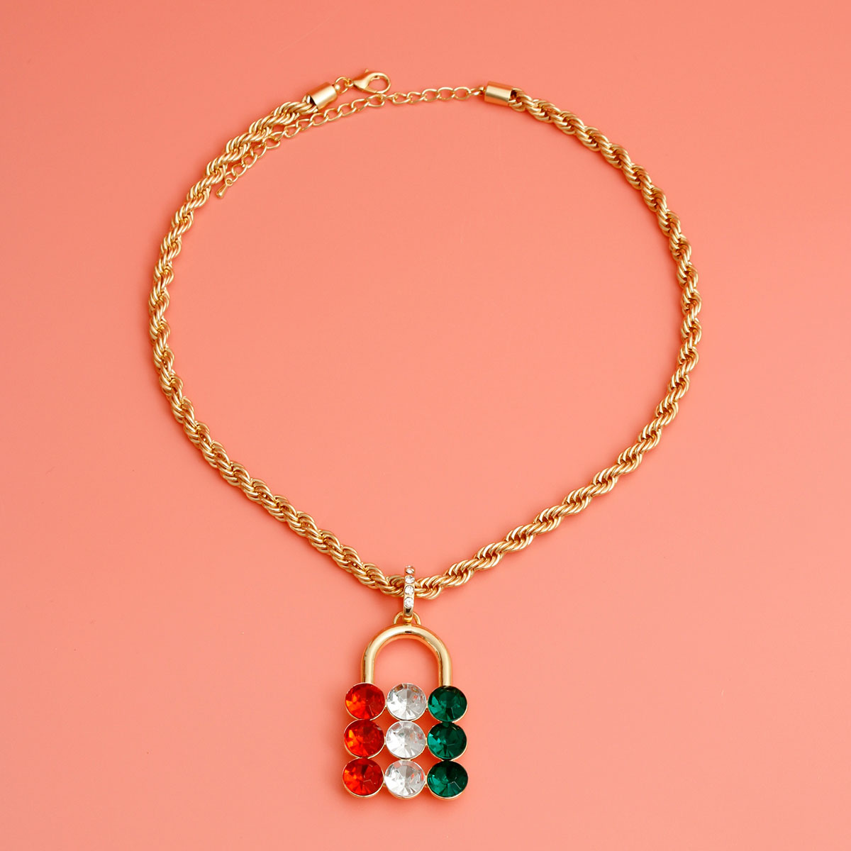 Red and Green Studded Lock Necklace