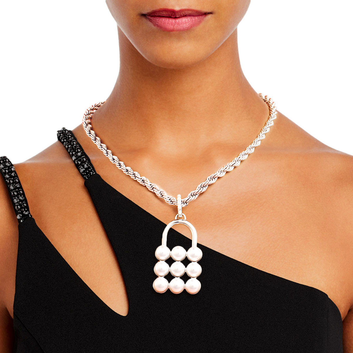 White Pearl Studded Lock Necklace