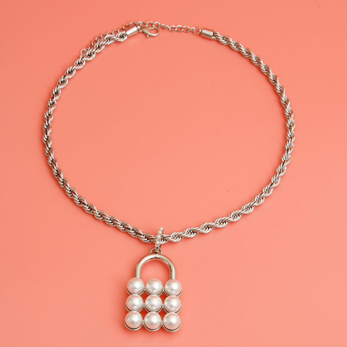 White Pearl Studded Lock Necklace