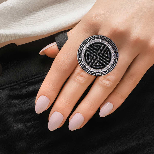 Silver Black Round Greek Cocktail Ring