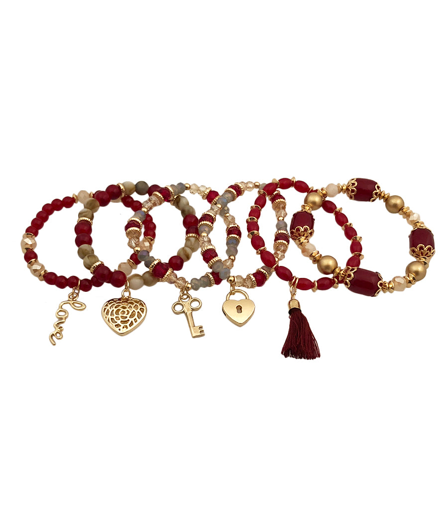 Love Charm Burgundy Bead Stretch Bracelet Set