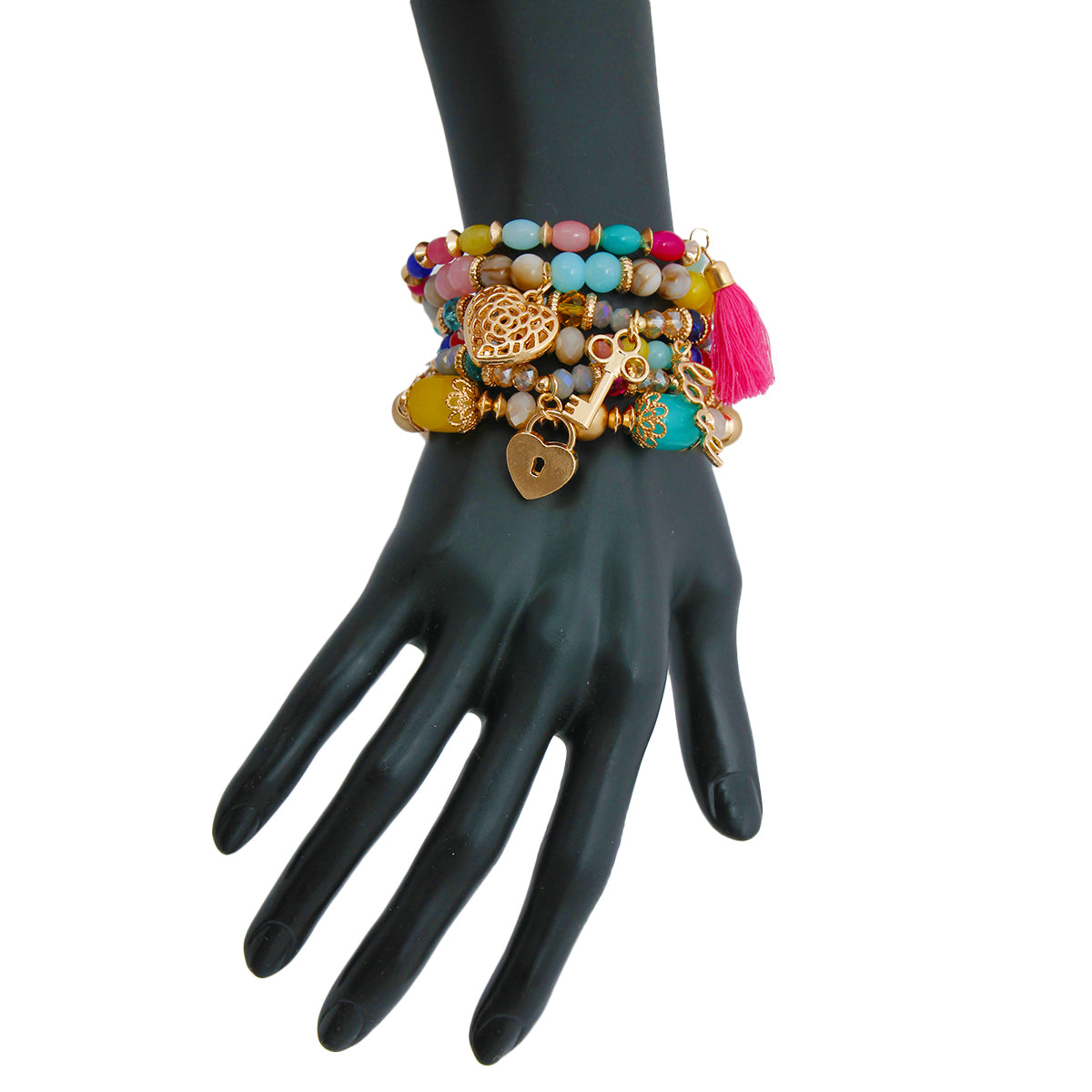 Love Charm Rainbow Bead Stretch Bracelet Set