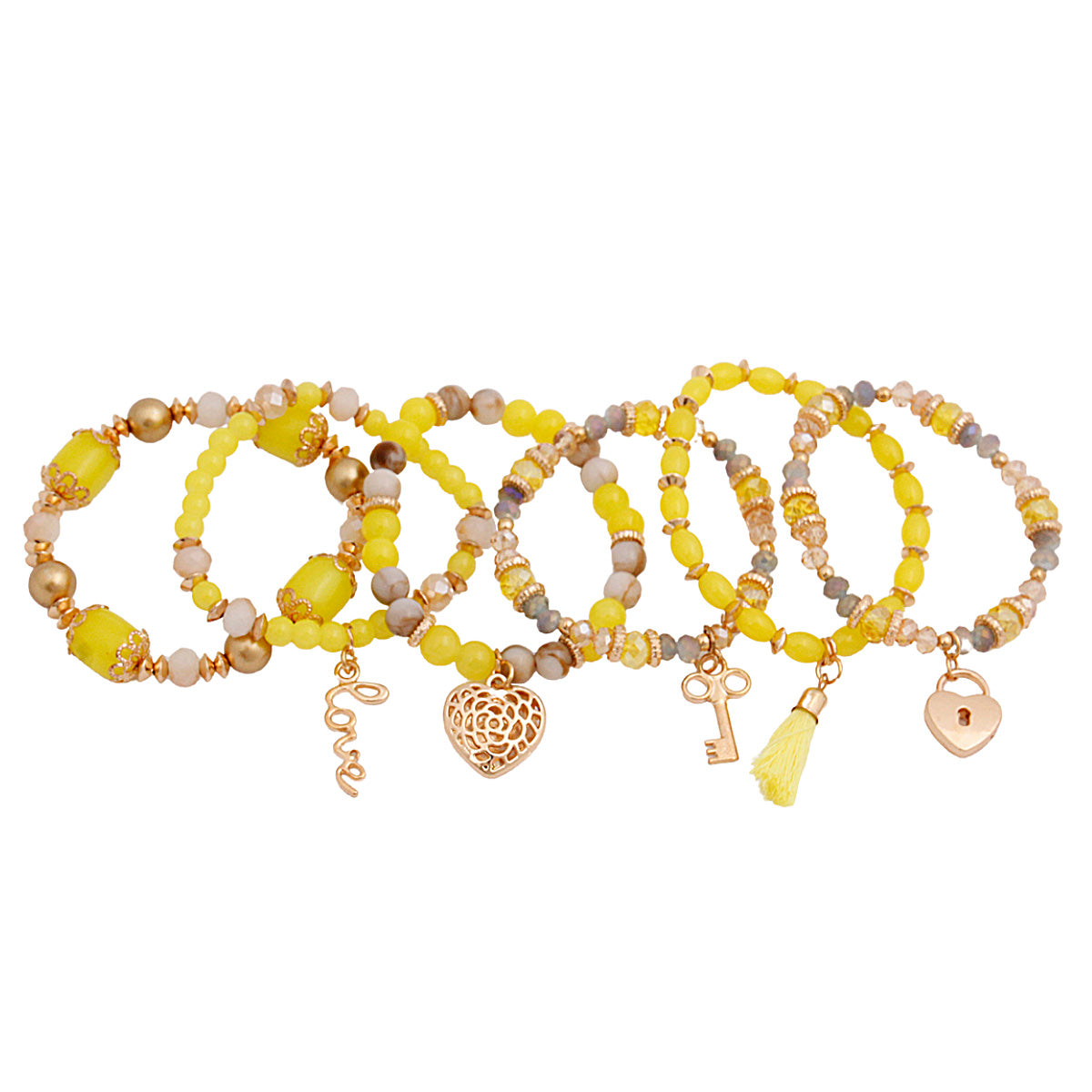 Yellow and Gold Bead Love Charm Stretch Bracelet Set