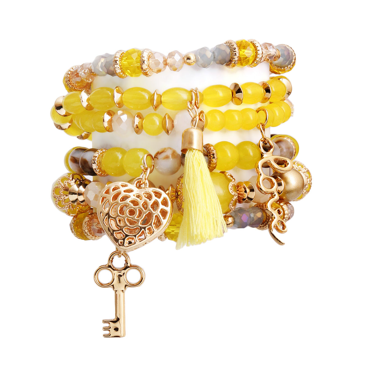 Yellow and Gold Bead Love Charm Stretch Bracelet Set