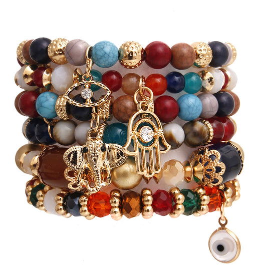 Hamsa Charm Multi Color Bead Stretch Bracelet Set