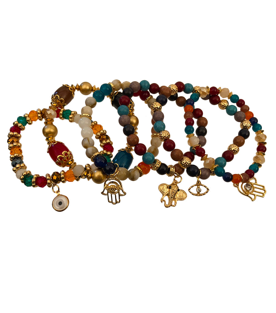 Hamsa Charm Multi Color Bead Stretch Bracelet Set