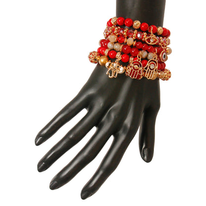 Red Hamsa Elephant Bracelet Set