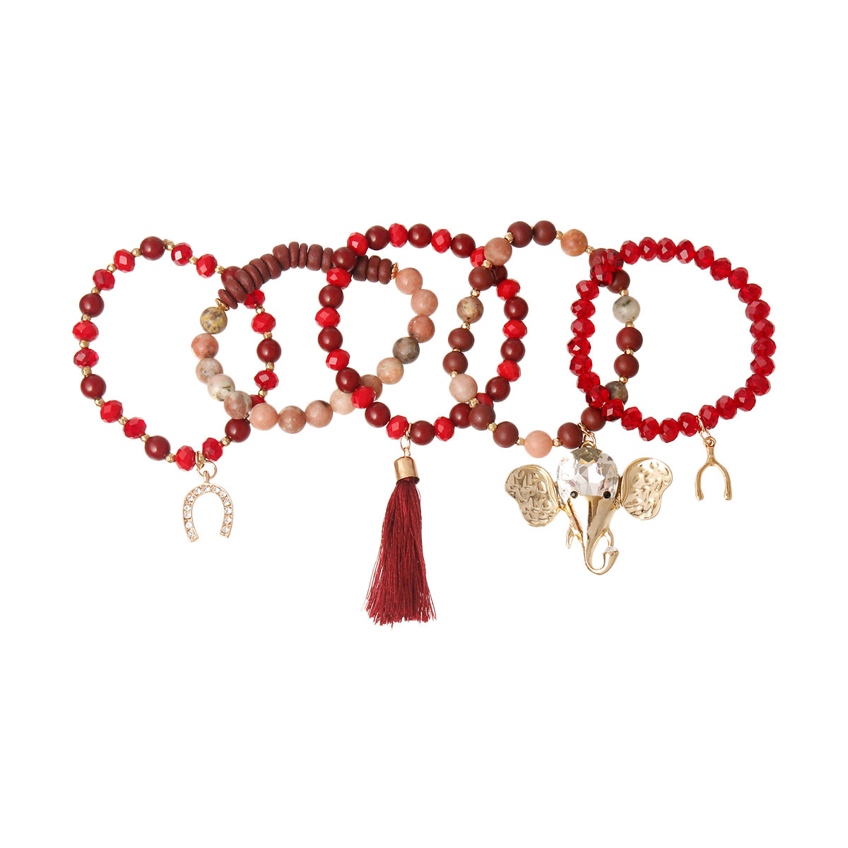 Wine Bead Elephant Charm Bracelet Set