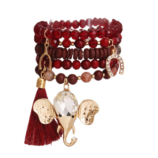 Wine Bead Elephant Charm Bracelet Set