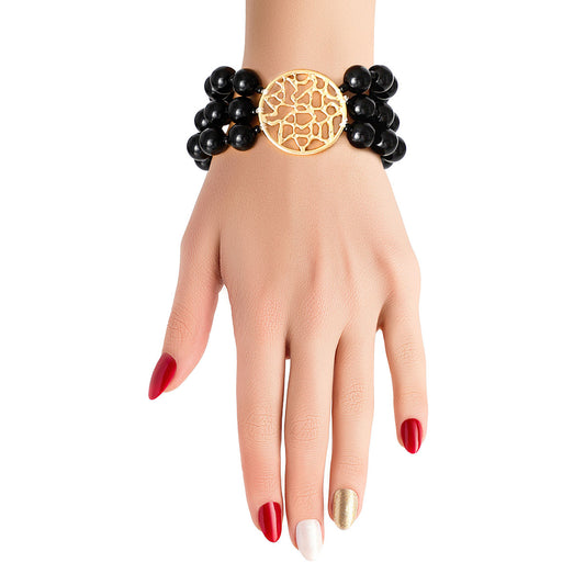 Black Glass Bead Round Gold Bracelet