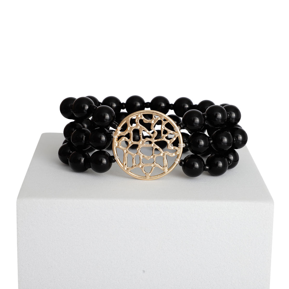 Black Glass Bead Round Gold Bracelet