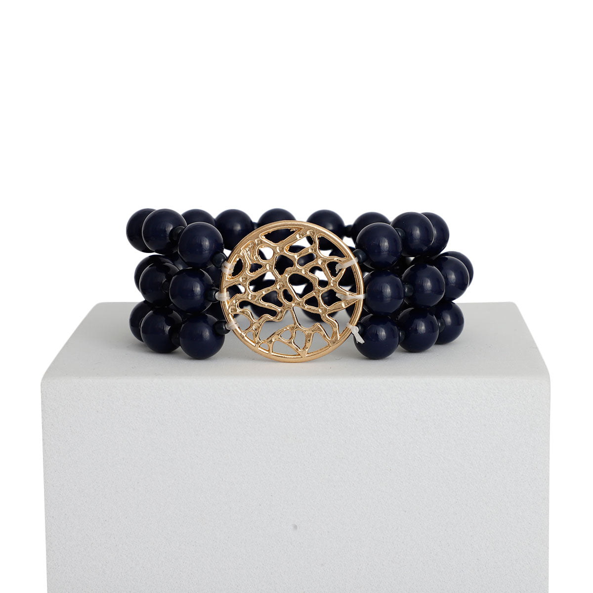 Navy Glass Bead Round Gold Bracelet