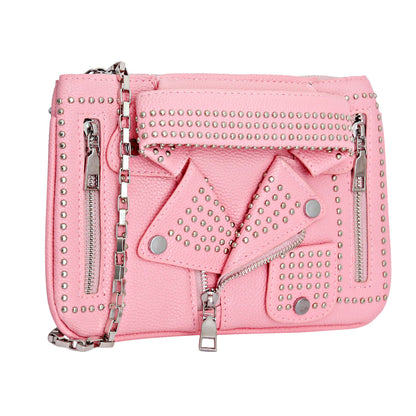 Pink Stud Moto Crossbody Clutch