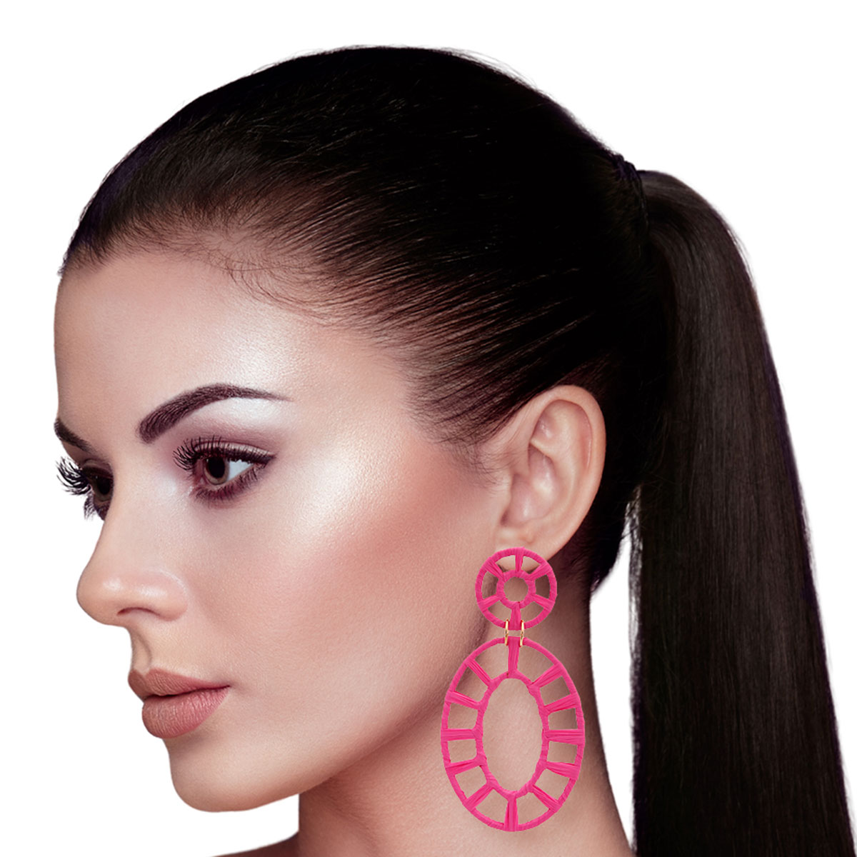 Pink Raffia Oval Earrings