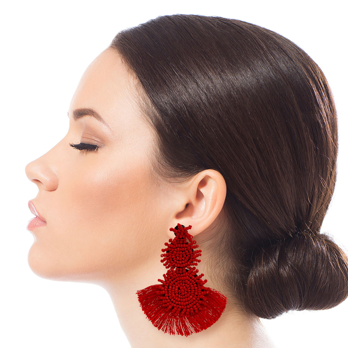 Red Trio Bead Tassel Earrings