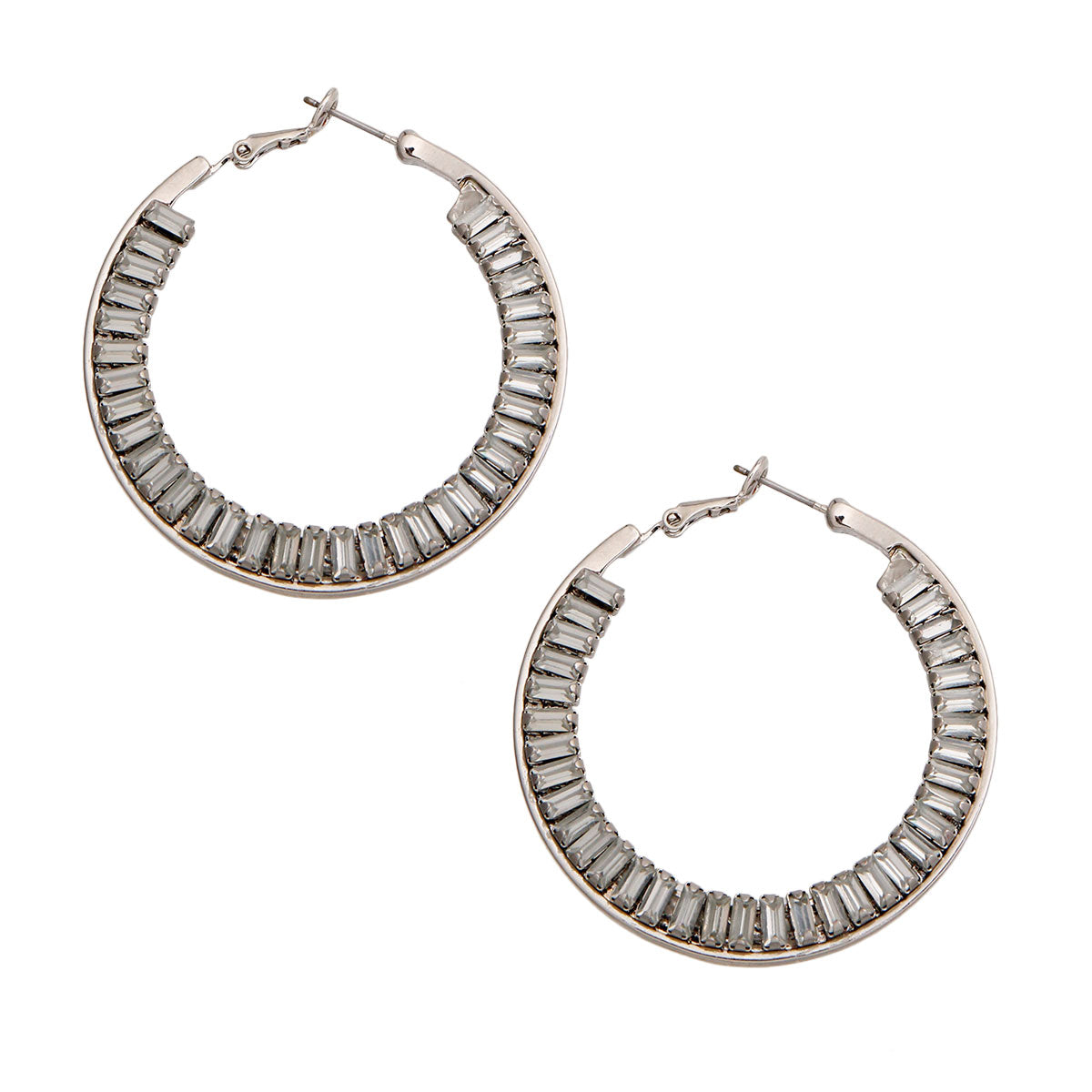 Silver Baguette Crystal Hoops