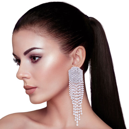 Long Fringe Silver Rhinestone Earrings