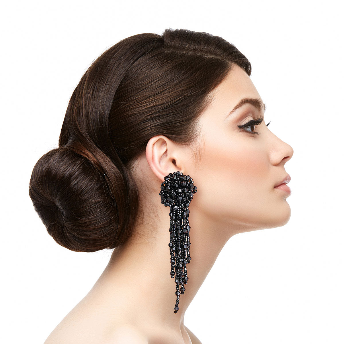 Black Glass Bead Ball Fringe Earrings